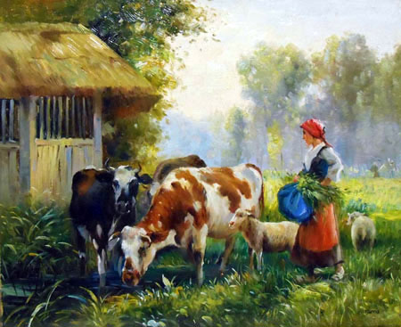 1321-T2 | 50cm x 61cm | fermière trait ces vaches 